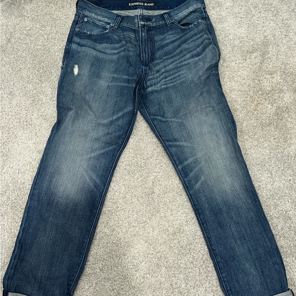 Express Blue Relaxed Jeans with Distressed Details